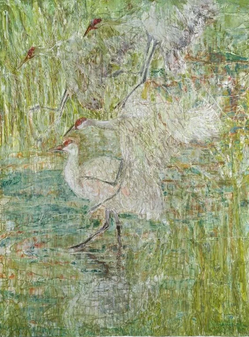 Three pale cranes with red crowns wading among tall green reeds, textured layered brushstrokes showing rippled water reflections, feathers.
