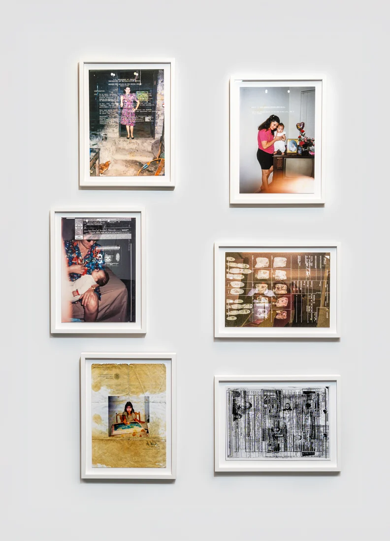 Six white-framed photographs arranged in two columns of three on a white wall, showing family snapshots, portraits and aged documents.