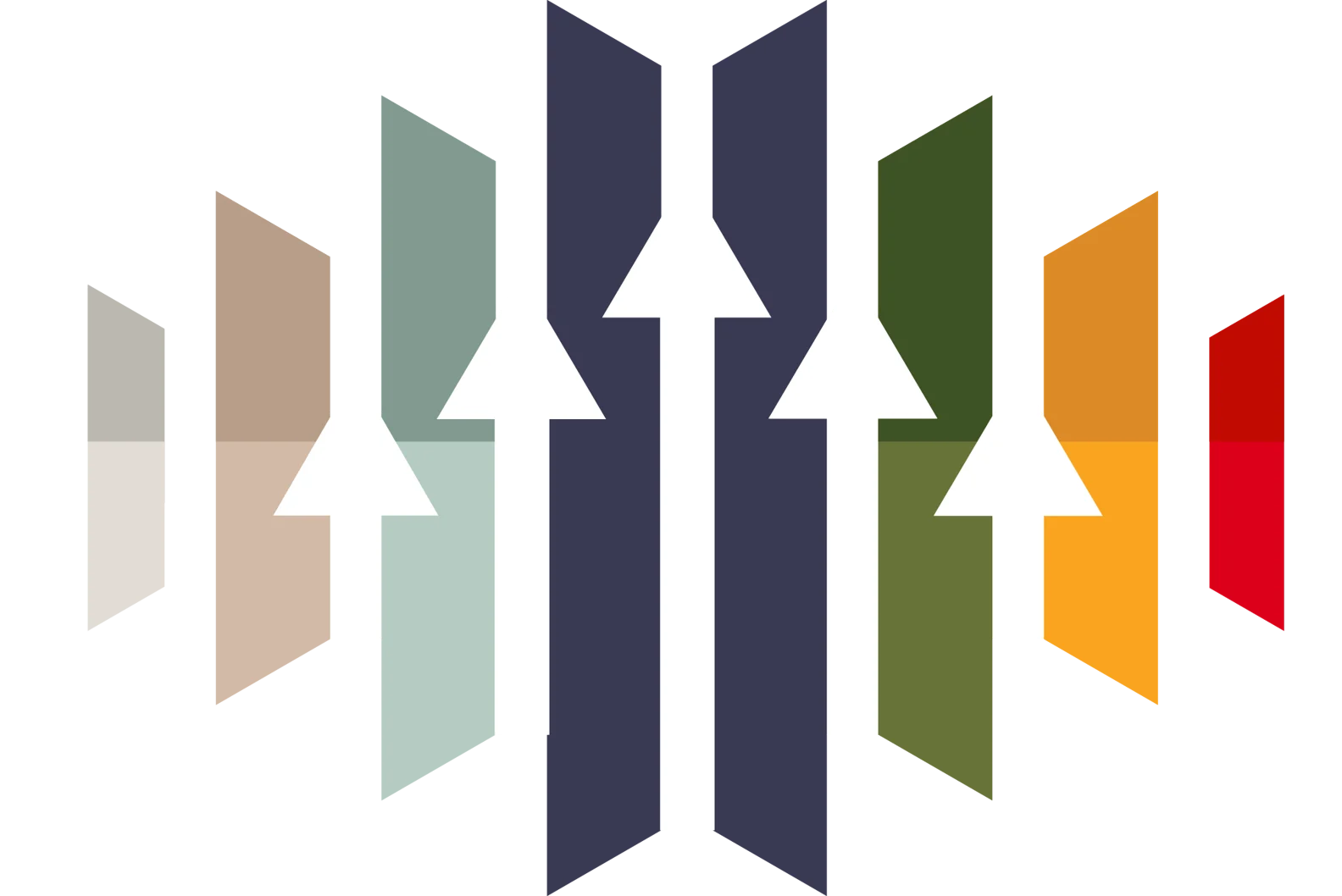 Symmetric row of vertical colored panels with white upward arrows, central dark navy pair flanked by sage, tan, olive, orange and red.